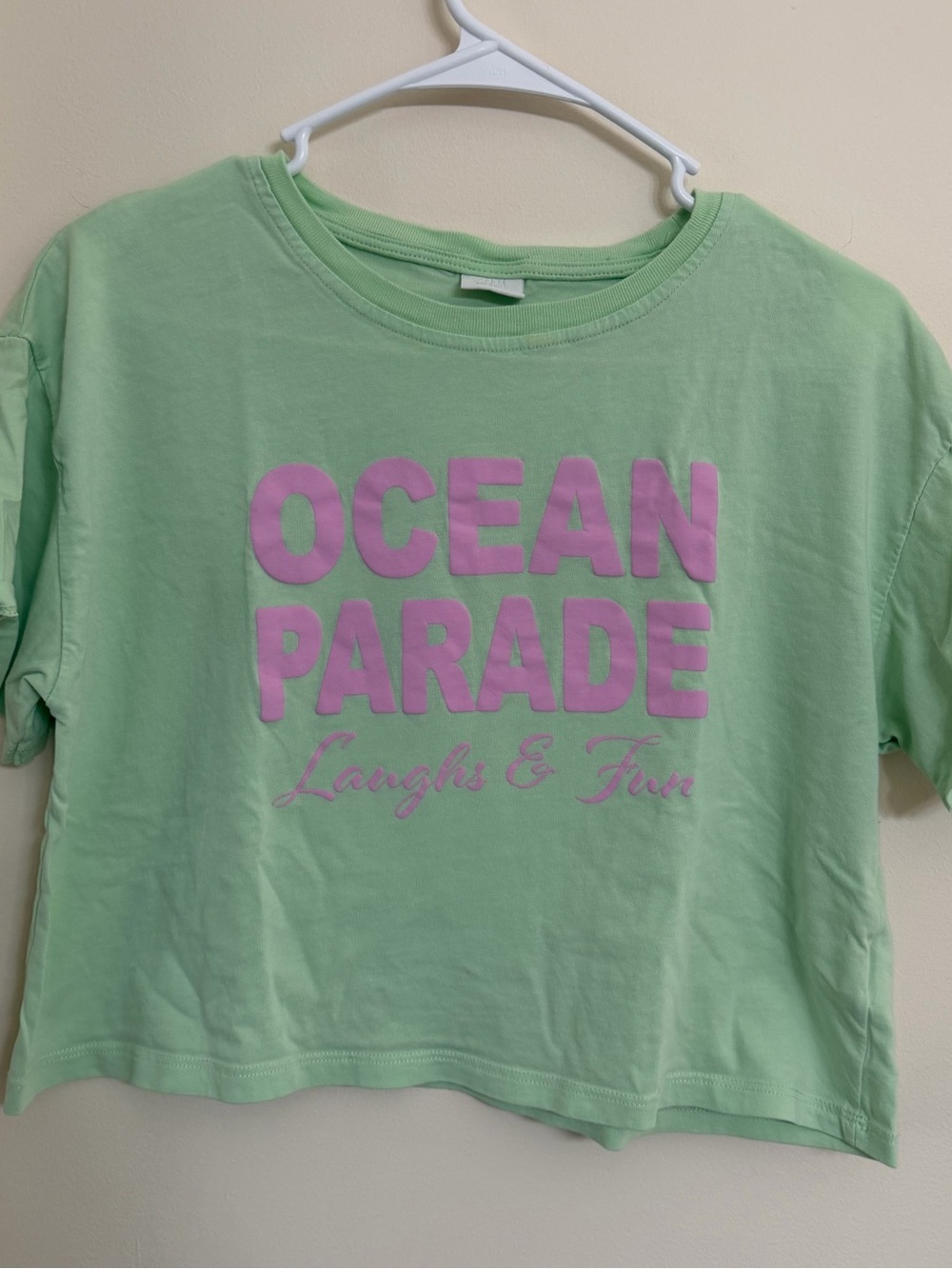 Zara Light Green Short-Sleeve Tee with Pink 'OCEAN PARADE' Graphic